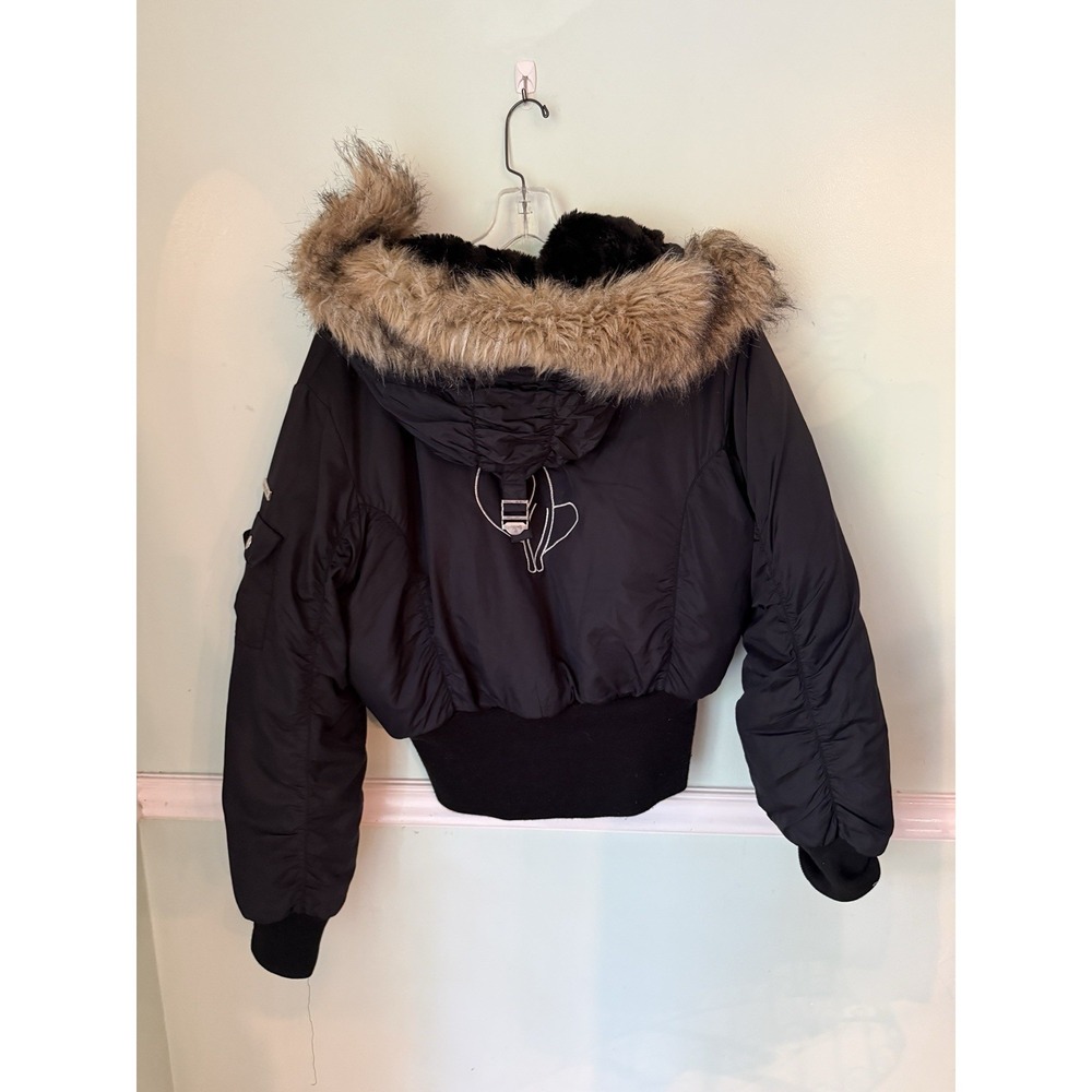 Baby Phat Vintage Y2K Cropped Puffer Bomber Jacket Faux Fur Hood Black Gold XL‎